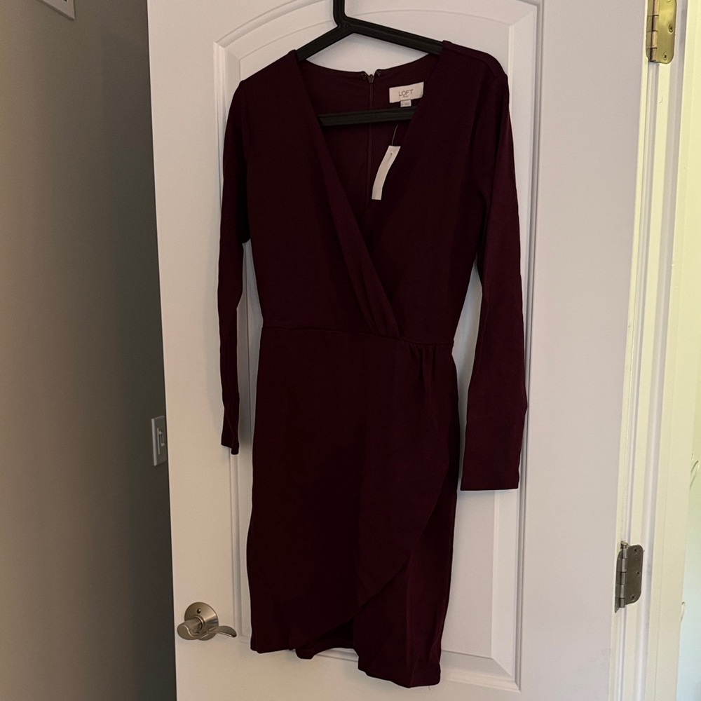 LOFT Long Sleeve Wrap Dress in Burgundy Plum